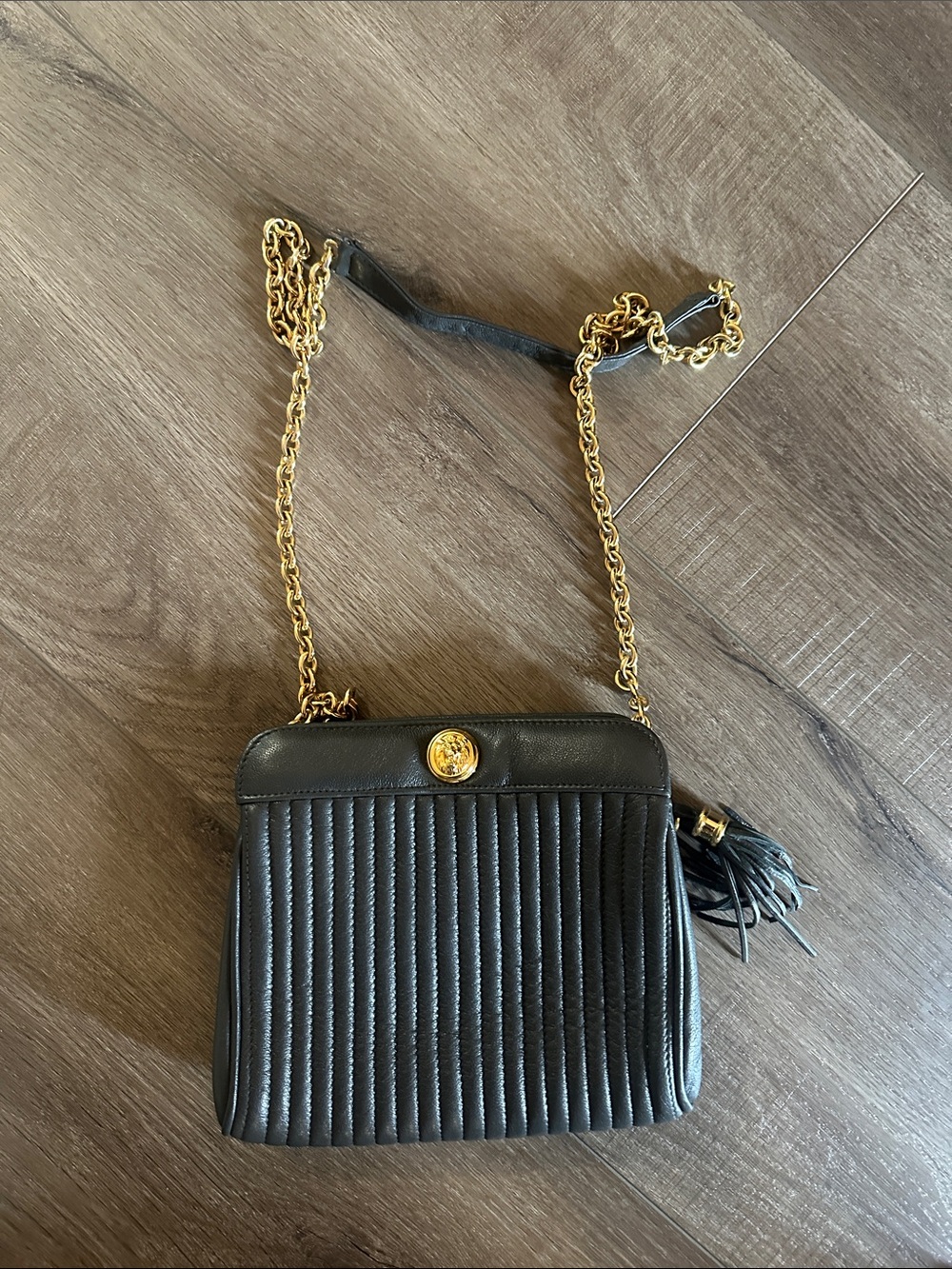 Black Quilted Leather Crossbody Bag with Gold Chain